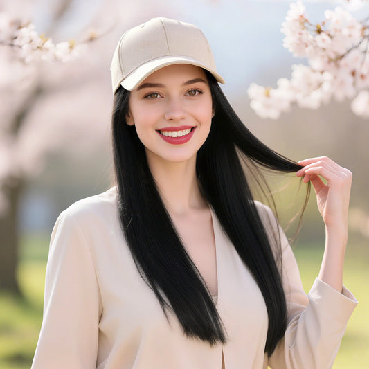 Baseball Cap With Long Straight Heat Resistant Hair 12 Inch Helmet Wig For Women Beige Faux Lace Front Hat
