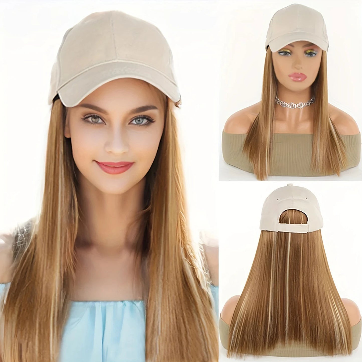 Baseball Cap With Long Straight Heat Resistant Hair 12 Inch Helmet Wig For Women Beige Faux Lace Front Hat