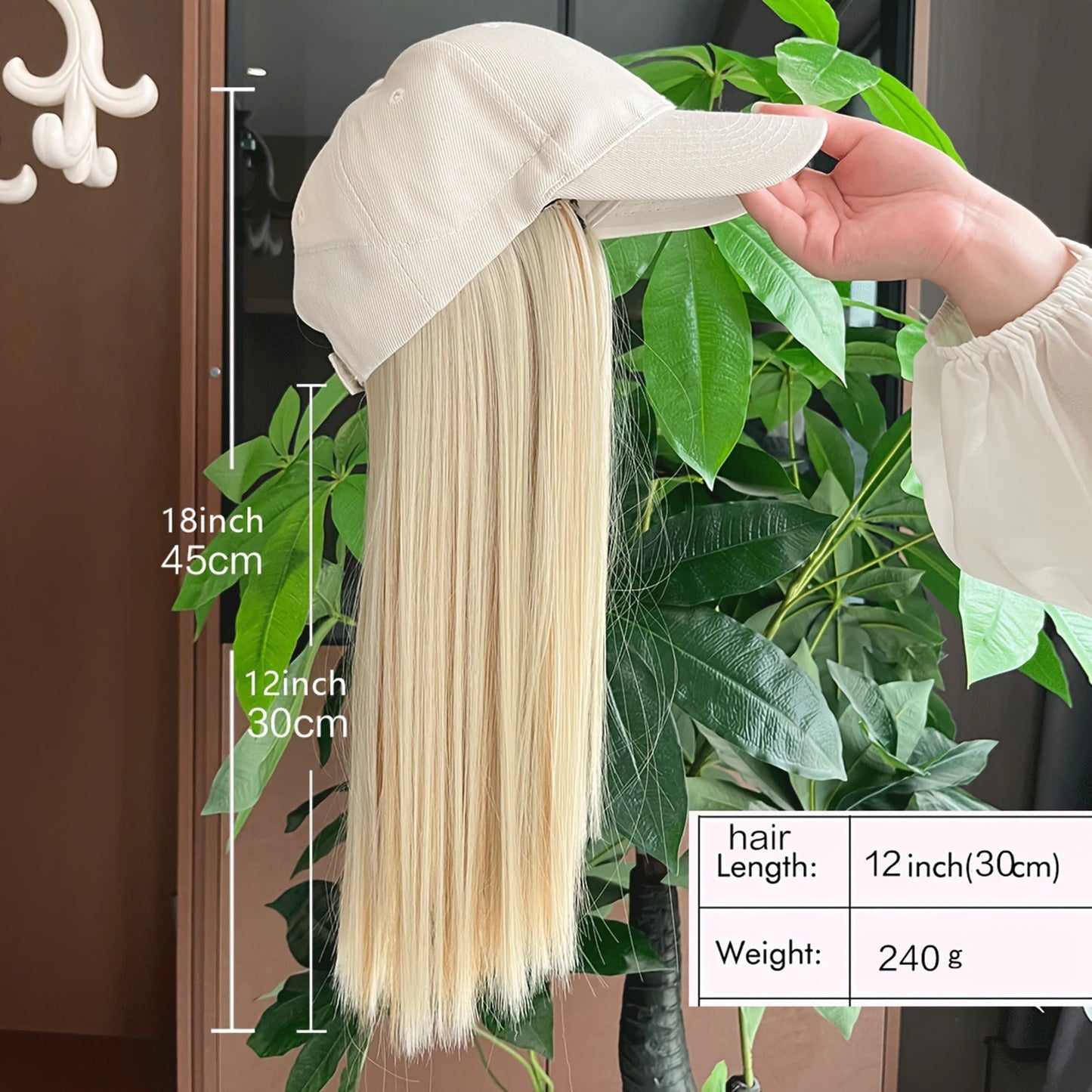 Baseball Cap With Long Straight Heat Resistant Hair 12 Inch Helmet Wig For Women Beige Faux Lace Front Hat