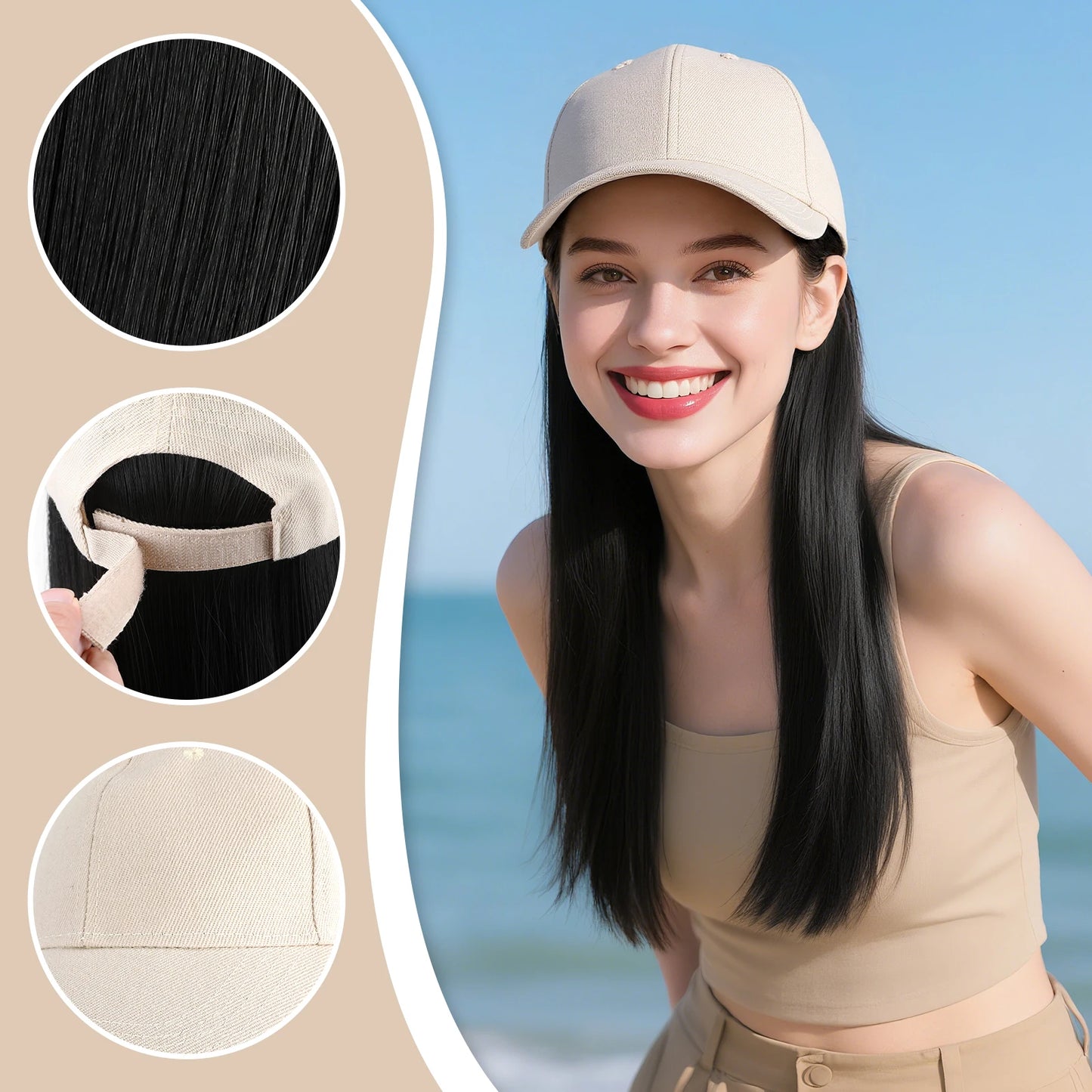 Baseball Cap With Long Straight Heat Resistant Hair 12 Inch Helmet Wig For Women Beige Faux Lace Front Hat