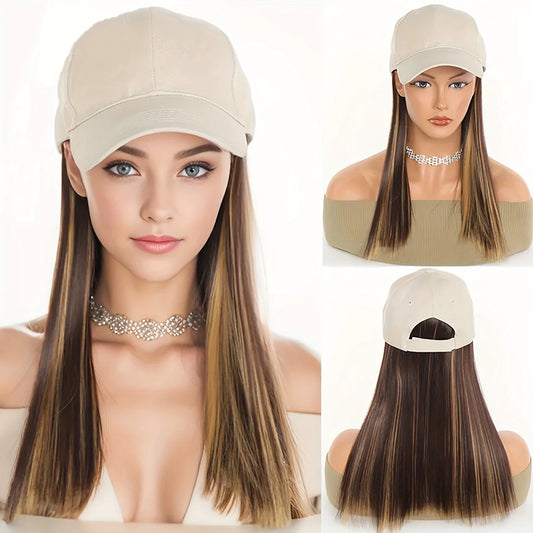 Baseball Cap With Long Straight Heat Resistant Hair 12 Inch Helmet Wig For Women Beige Faux Lace Front Hat