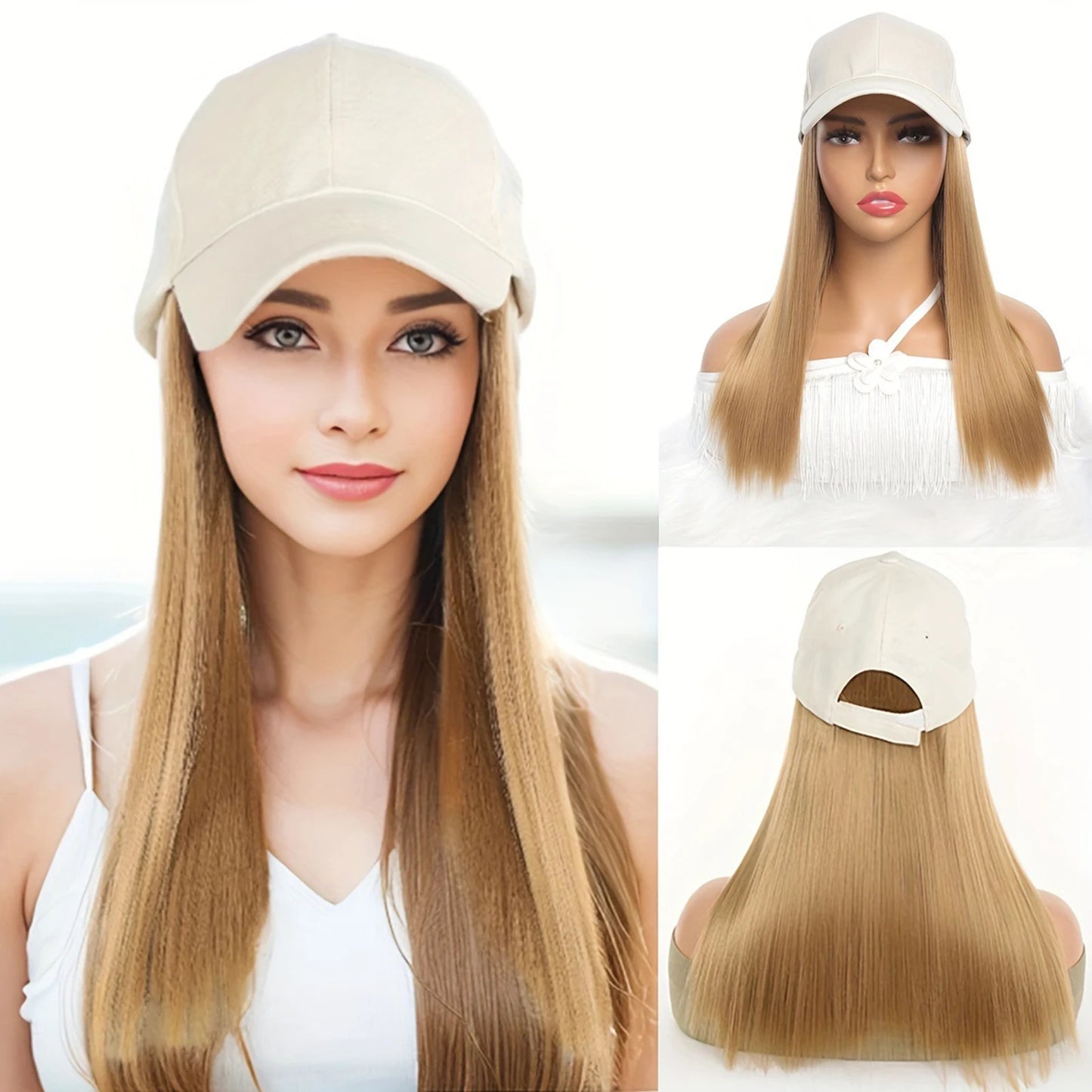 Baseball Cap With Long Straight Heat Resistant Hair 12 Inch Helmet Wig For Women Beige Faux Lace Front Hat