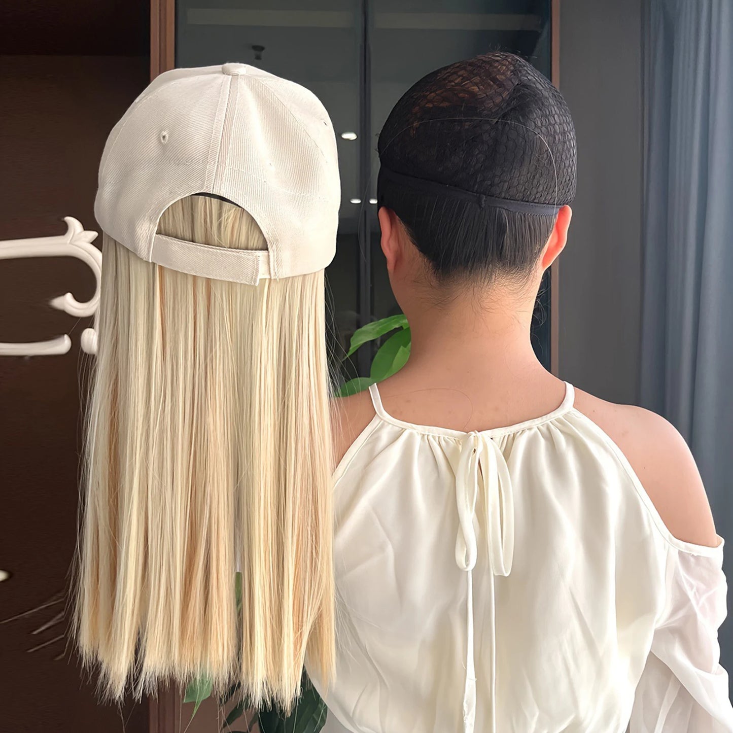 Baseball Cap With Long Straight Heat Resistant Hair 12 Inch Helmet Wig For Women Beige Faux Lace Front Hat