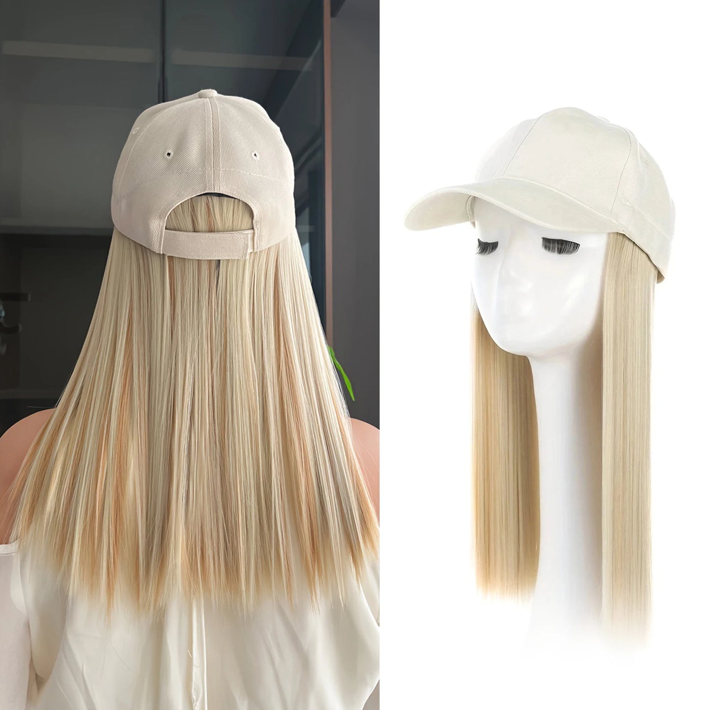 Baseball Cap With Long Straight Heat Resistant Hair 12 Inch Helmet Wig For Women Beige Faux Lace Front Hat
